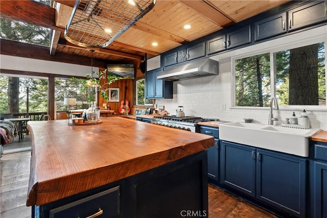 kitchen with blue cabinetry, sink, a center island, dark wood-type flooring, and tasteful backsplash