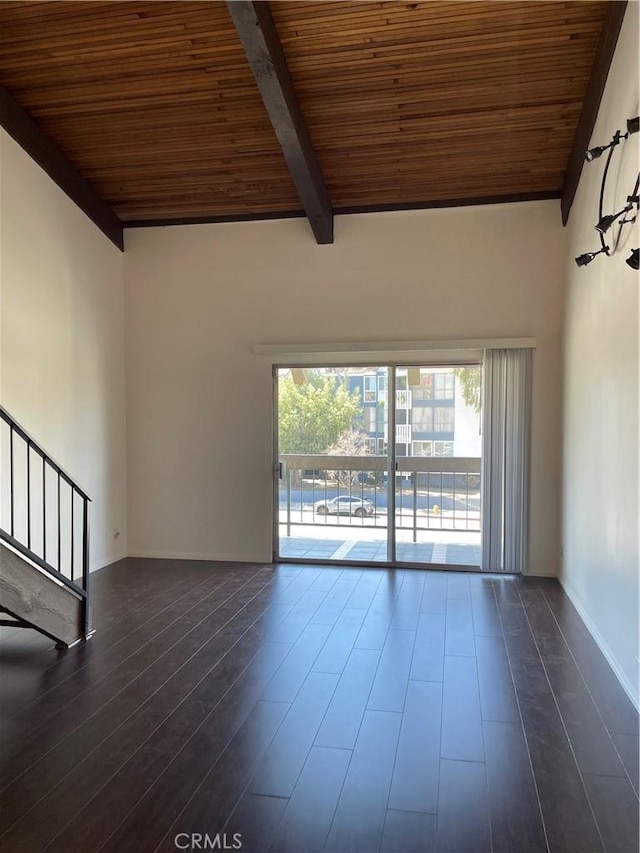 unfurnished living room with beamed ceiling, dark hardwood / wood-style floors, and wood ceiling