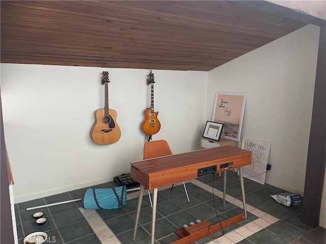 tiled office featuring wood ceiling and vaulted ceiling