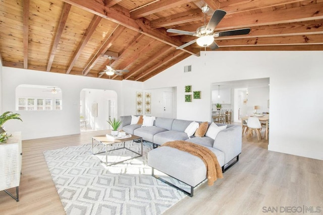 living room featuring beam ceiling, high vaulted ceiling, wood ceiling, and light wood-type flooring