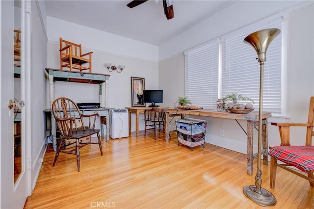 living area featuring ceiling fan and hardwood / wood-style floors