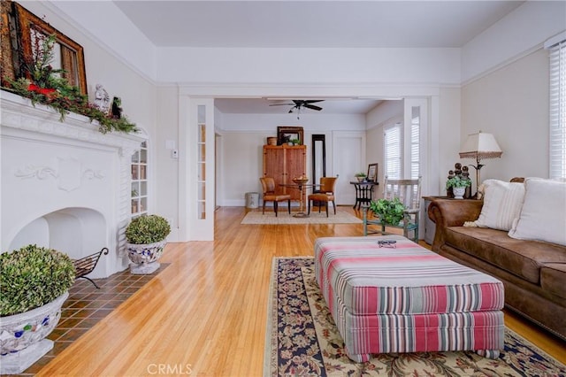 living room with hardwood / wood-style flooring and ceiling fan