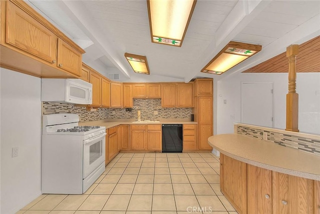 kitchen with white appliances, sink, decorative backsplash, light brown cabinetry, and light tile patterned flooring