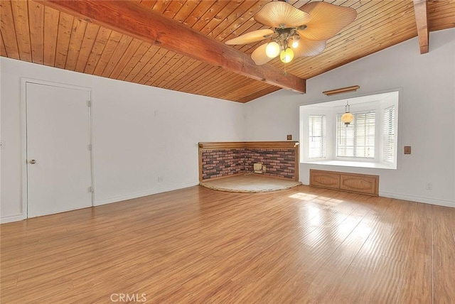 unfurnished living room featuring wooden ceiling, light hardwood / wood-style flooring, ceiling fan, and lofted ceiling with beams