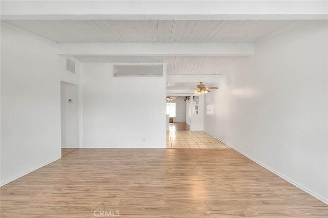 unfurnished room with ceiling fan, beam ceiling, and light wood-type flooring