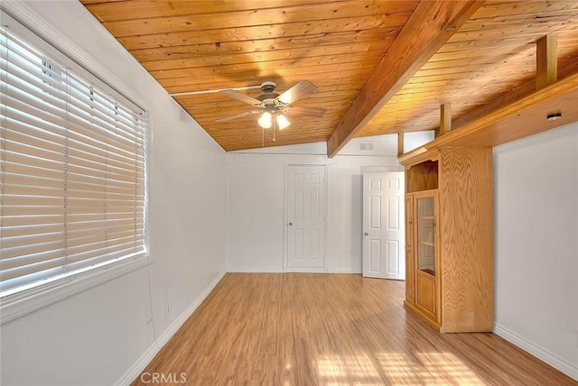 empty room with vaulted ceiling with beams, wooden ceiling, and light hardwood / wood-style floors