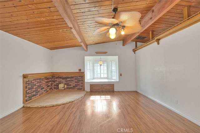 unfurnished living room featuring vaulted ceiling with beams, ceiling fan, light hardwood / wood-style flooring, and wood ceiling