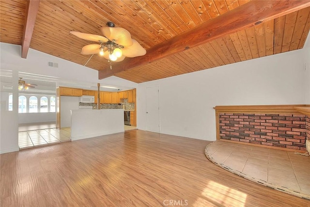 unfurnished living room with vaulted ceiling with beams, ceiling fan, wood ceiling, and light wood-type flooring