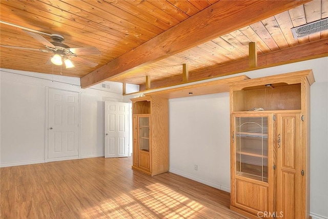 unfurnished room featuring beam ceiling, ceiling fan, wood ceiling, and light hardwood / wood-style floors