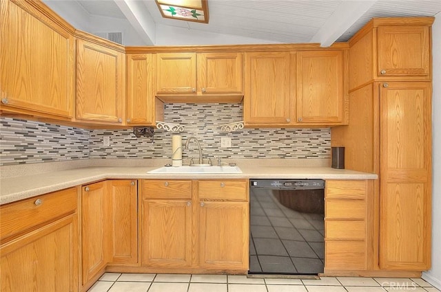 kitchen featuring backsplash, dishwasher, lofted ceiling with beams, and sink