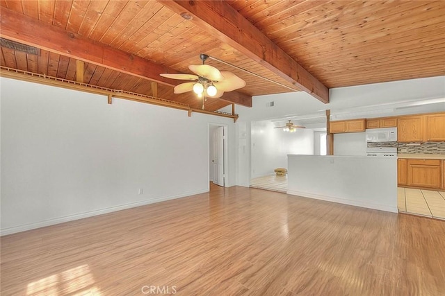 unfurnished living room featuring beam ceiling, light hardwood / wood-style flooring, ceiling fan, and wooden ceiling