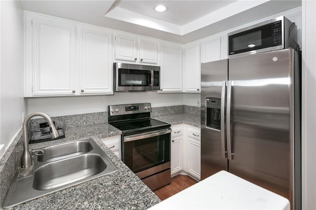 kitchen with white cabinets, sink, a tray ceiling, dark hardwood / wood-style flooring, and stainless steel appliances