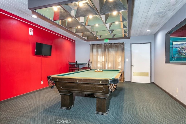 playroom with dark colored carpet, wood ceiling, and pool table