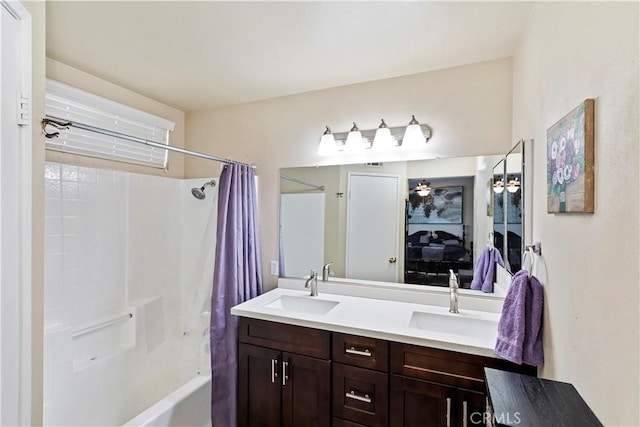 bathroom with vanity and shower / bathtub combination with curtain