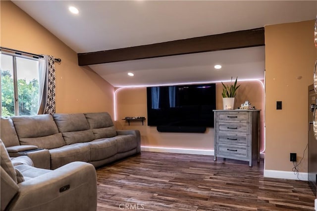 living room with vaulted ceiling with beams and dark wood-type flooring