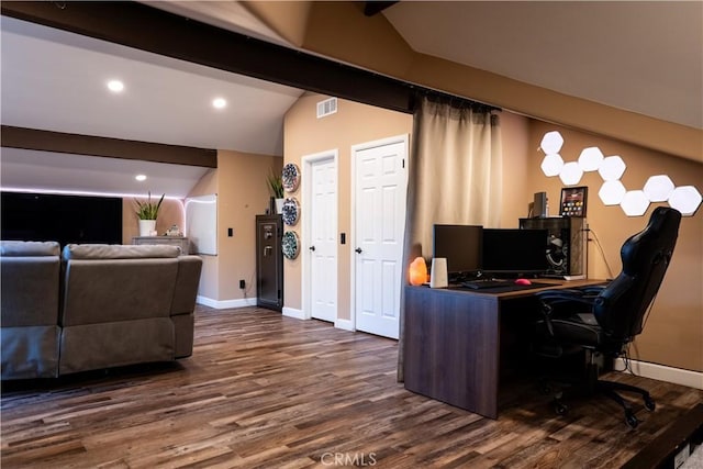 office featuring lofted ceiling with beams and dark wood-type flooring