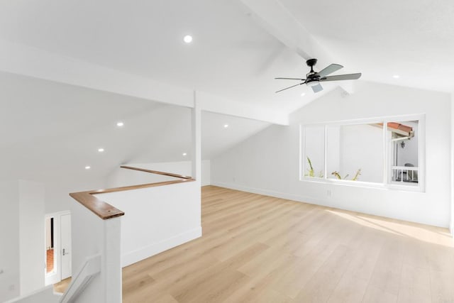 interior space with recessed lighting, vaulted ceiling with beams, light wood finished floors, and ceiling fan