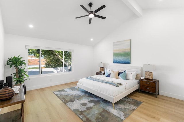 bedroom featuring baseboards, ceiling fan, wood finished floors, beam ceiling, and recessed lighting