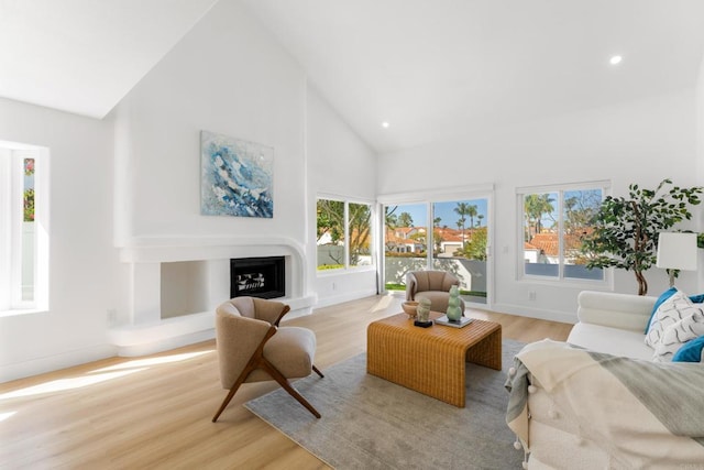 living area featuring light wood-style floors, plenty of natural light, high vaulted ceiling, and a fireplace with raised hearth