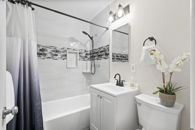 full bathroom featuring shower / bath combination with curtain, vanity, and toilet