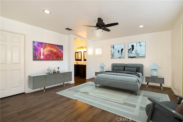 living room featuring dark hardwood / wood-style floors and ceiling fan