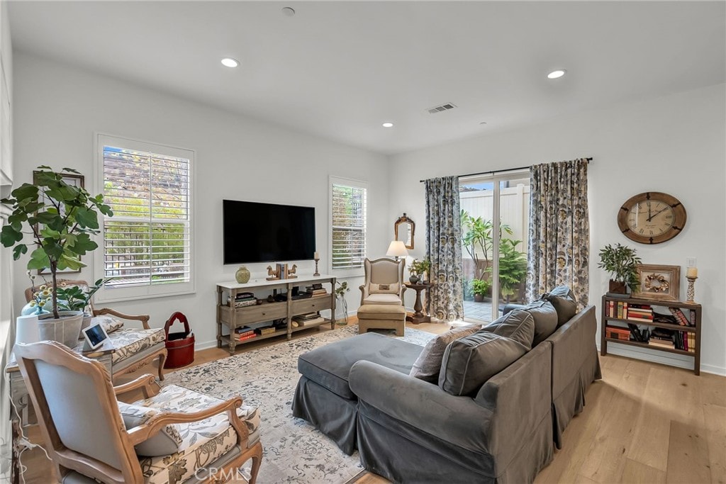 living room with a healthy amount of sunlight and light hardwood / wood-style floors