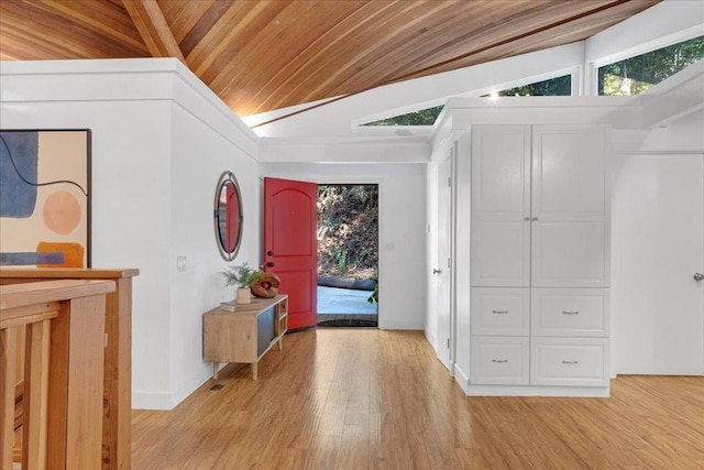 entrance foyer with lofted ceiling with beams, light hardwood / wood-style flooring, and wood ceiling