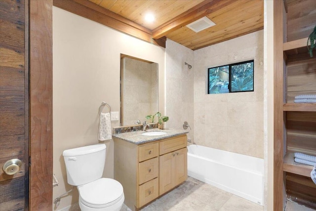 bathroom with vanity, a bathtub, toilet, and wood ceiling