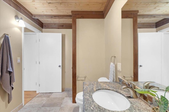 bathroom with vanity, wood ceiling, and toilet