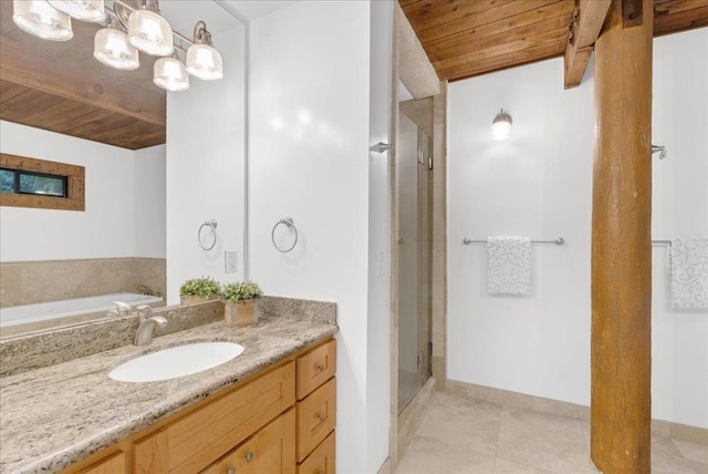 bathroom featuring tile patterned floors, vanity, an enclosed shower, and wood ceiling