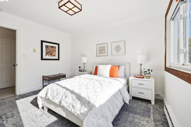 bedroom featuring crown molding, a baseboard radiator, and dark colored carpet