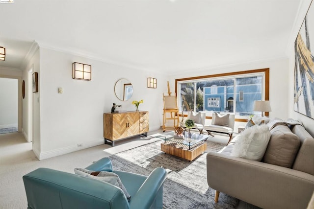 living room featuring light colored carpet and crown molding