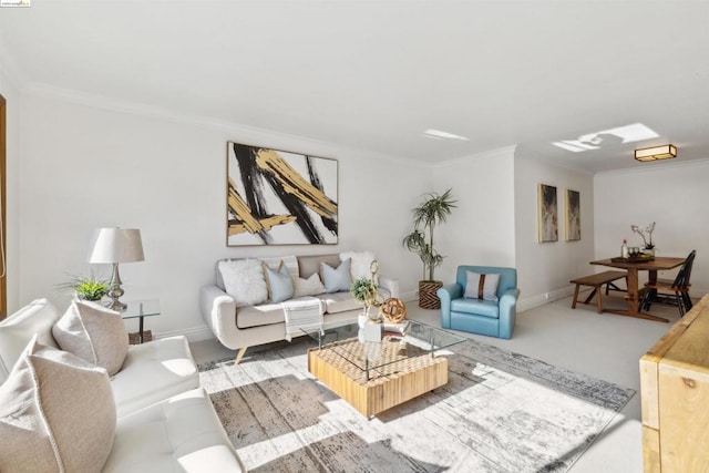 carpeted living room featuring crown molding