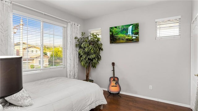 bedroom featuring multiple windows and dark wood-type flooring