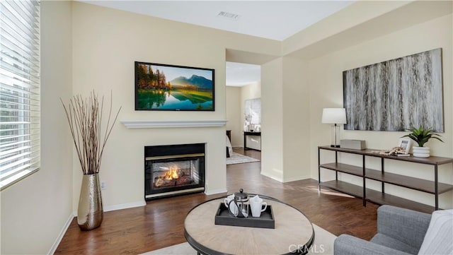 living room featuring dark wood-type flooring