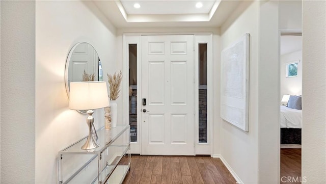 entryway featuring hardwood / wood-style floors and a tray ceiling