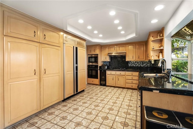 kitchen featuring sink, built in appliances, decorative backsplash, and a tray ceiling