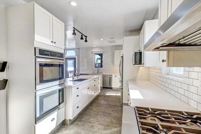 kitchen with decorative backsplash, wall chimney exhaust hood, stainless steel appliances, sink, and white cabinets