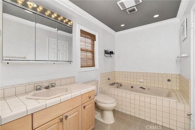 bathroom featuring vanity, tiled bath, toilet, and ornamental molding