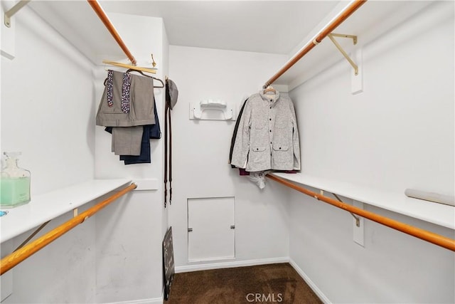 walk in closet featuring dark colored carpet