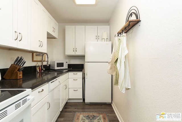 kitchen with white cabinetry, sink, dark wood-type flooring, and white appliances