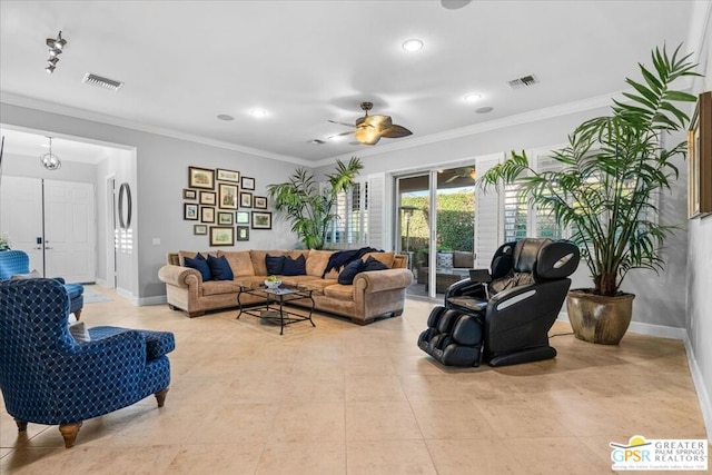 living room with ceiling fan and ornamental molding