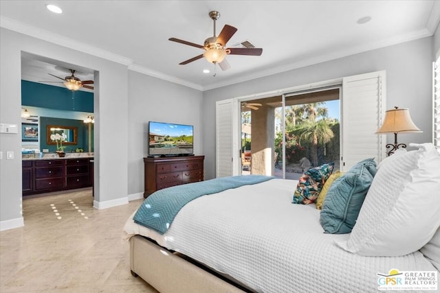 bedroom featuring ceiling fan, crown molding, access to outside, and ensuite bath