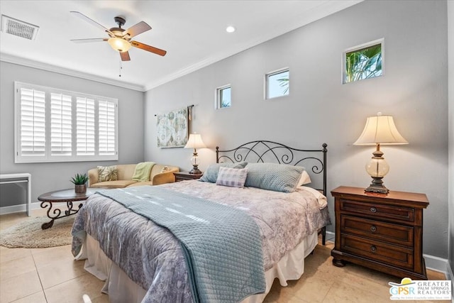 bedroom featuring ceiling fan, light tile patterned floors, and ornamental molding