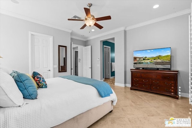 bedroom featuring ceiling fan and ornamental molding