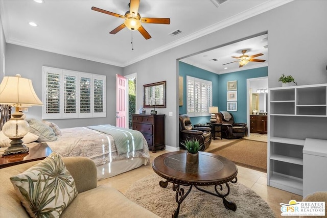 bedroom with ensuite bath, ceiling fan, crown molding, and light tile patterned floors