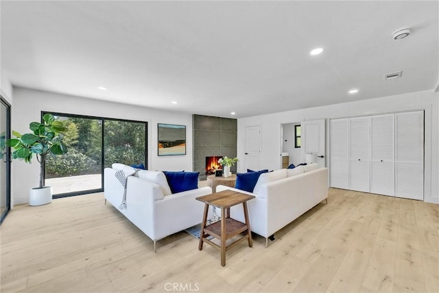 living room featuring light hardwood / wood-style floors and a fireplace