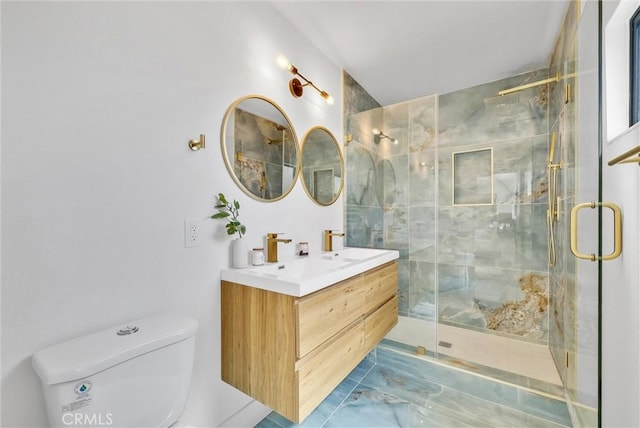 bathroom with vanity, an enclosed shower, and toilet