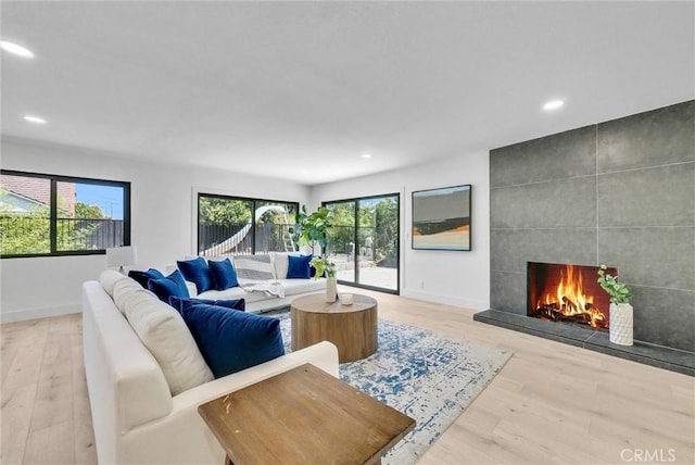 living room featuring a tiled fireplace and light wood-type flooring