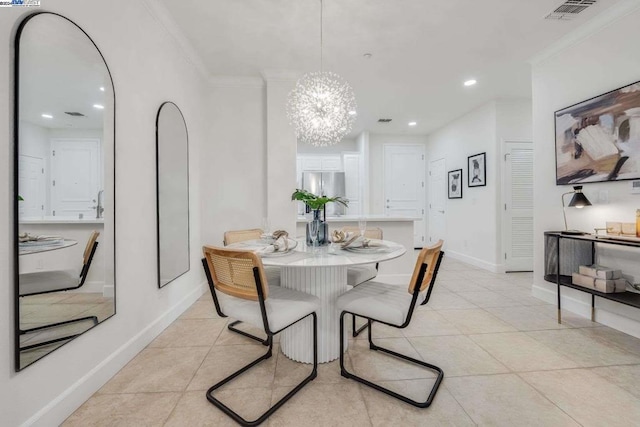 dining room featuring a notable chandelier, light tile patterned flooring, and ornamental molding